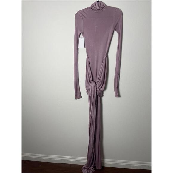 Helsa Slinky Jersey Ruched Sarong Maxi Dress Turtleneck Long purple Sz L $398 - Picture 8 of 12